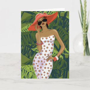 Tropical Fashionable Girl in Big Red Hat Card