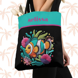 Tropical Faux Embroidery Fish Turquoise Pink Name Tote Bag