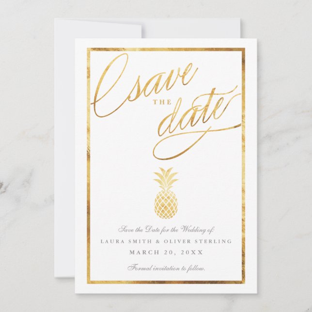 Tropical faux gold pineapple save the date (Front)