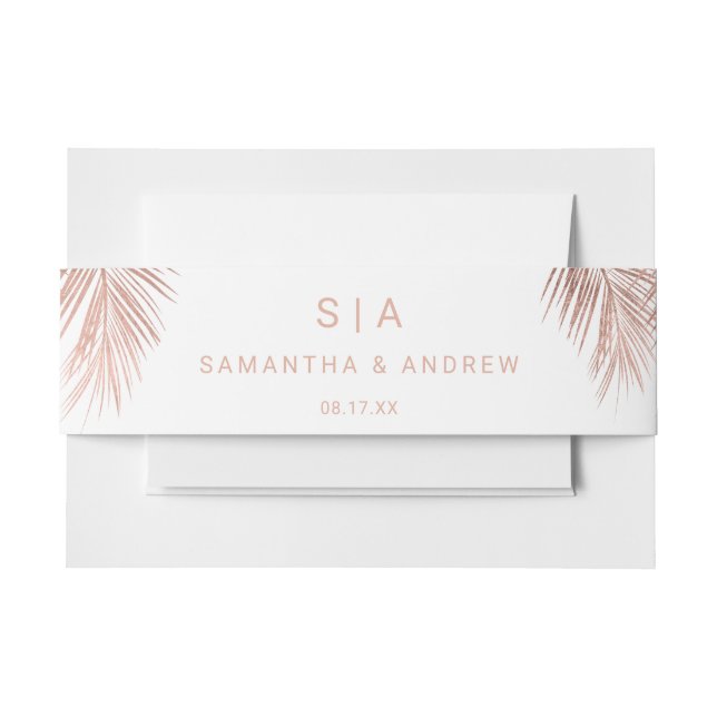 Tropical faux rose gold palm leaf wedding initial invitation belly band (Front Example)
