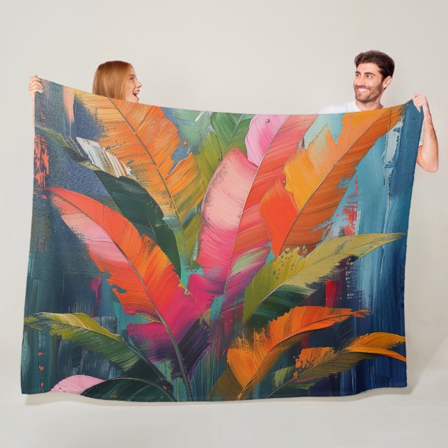 Tropical Feathers – Vibrant Botanical Abstraction Fleece Blanket (In Situ)