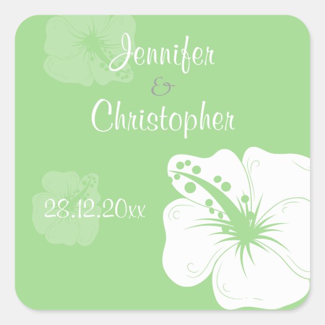 Tropical Feijoa Green and White Hibiscus Wedding Square Sticker (Front)