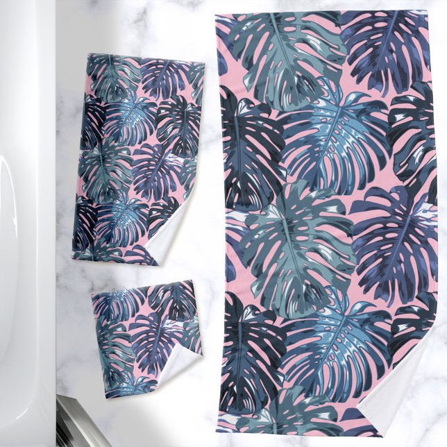 Tropical Feminine Blue Pink Jungle Leaves Bath Towel Set (Blue and pink jungle leaves bath towel set)