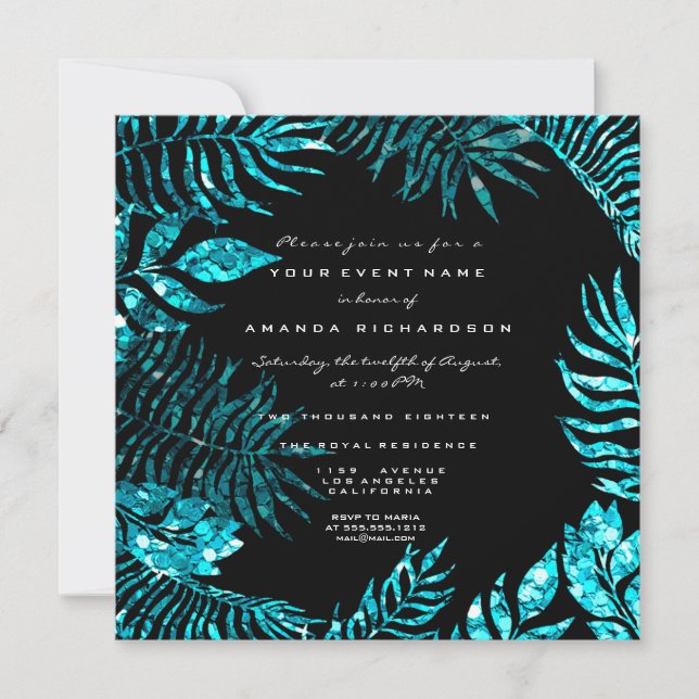 Tropical Fern Leafs Frame Ocean Blue Black Turqois Invitation (Front)