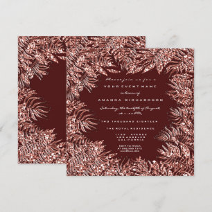 Tropical Fern Leafs Frame Rose Gold Copper Maroon Invitation