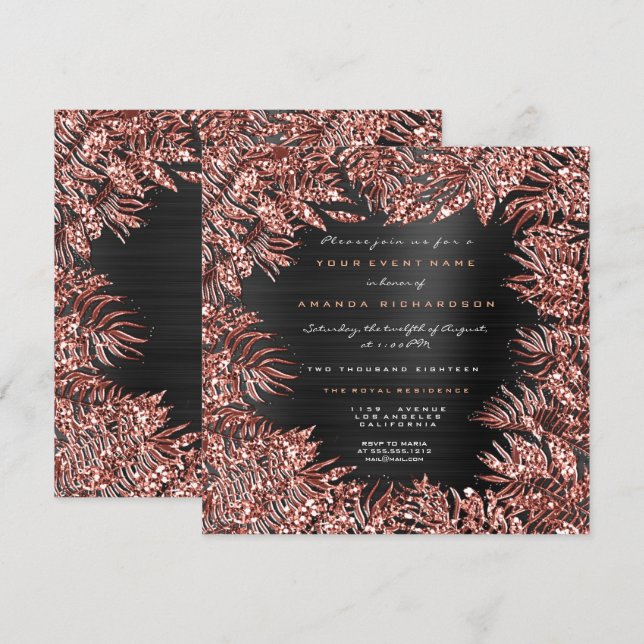 Tropical Fern Leafs Framed Rose Gold Copper Black Invitation (Front/Back)