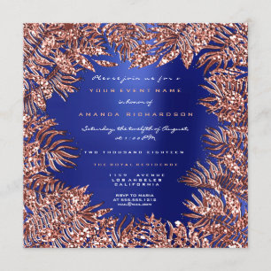Tropical Fern Leafs Framed Rose Gold Copper Blue Invitation