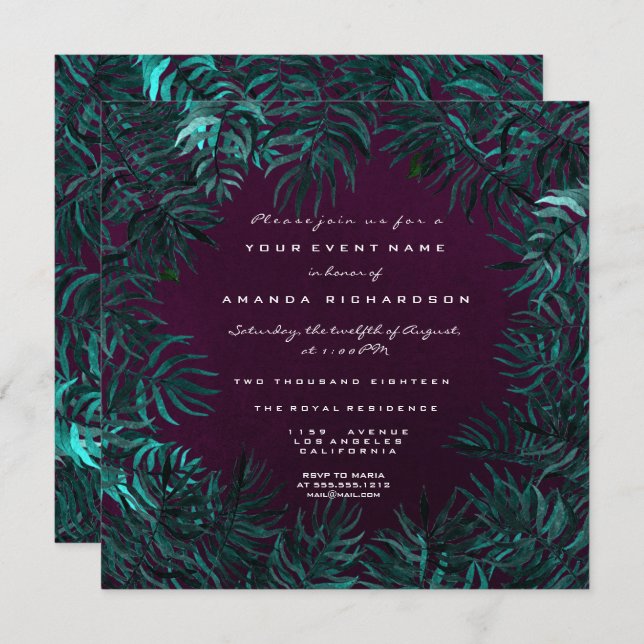 Tropical Fern Leafs Framed Teal Cali Plum Woodland Invitation (Front/Back)