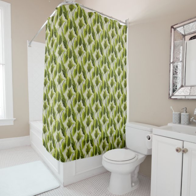 Tropical Ferns and Palms Pattern Shower Curtain (In Situ)