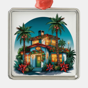 TROPICAL FESTIVE CHRISTMAS BEACH HOUSE METAL ORNAMENT