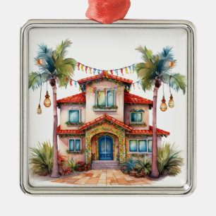 TROPICAL FESTIVE CHRISTMAS BEACH HOUSE METAL ORNAMENT