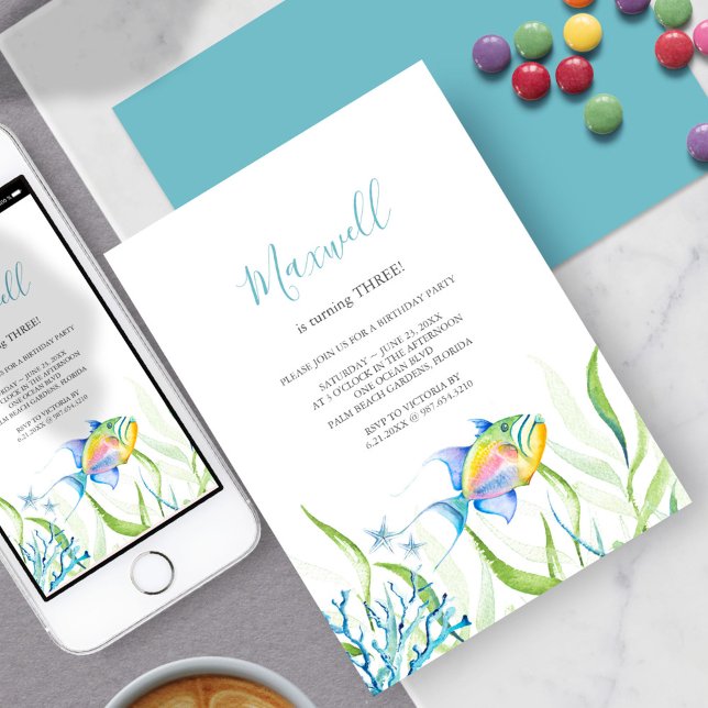 Tropical Fish 3rd Birthday Party Watercolor Invitation (3rd birthday party ideas tropical fish invitation watercolor art by Victoria Grigaliunas)