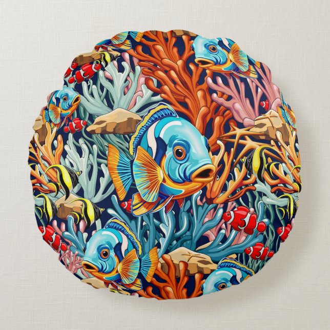 Tropical Fish Colorful Summer Vibes Round Cushion (Front)