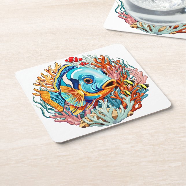 Tropical Fish Colorful Summer Vibes Square Paper Coaster (Angled)
