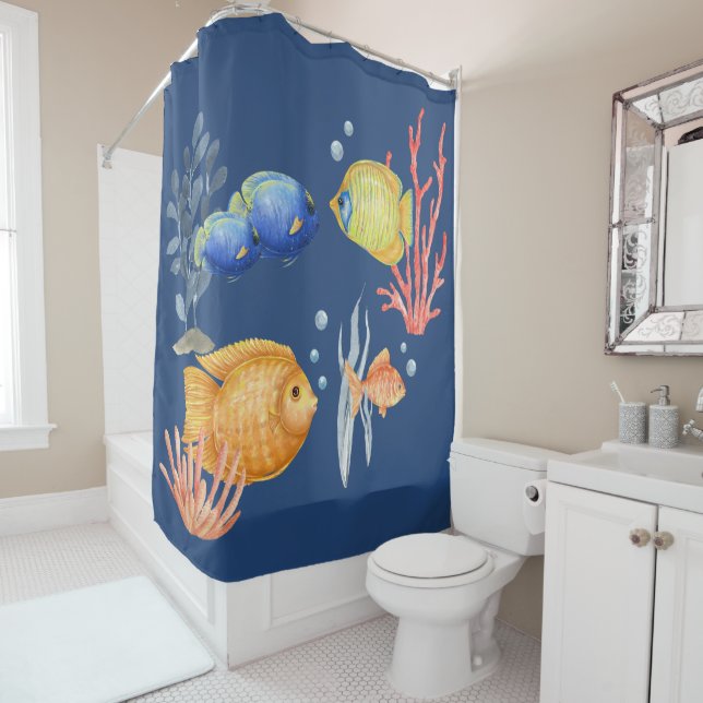 Tropical Fish Dark Blue Aquarium Shower Curtain (In Situ)