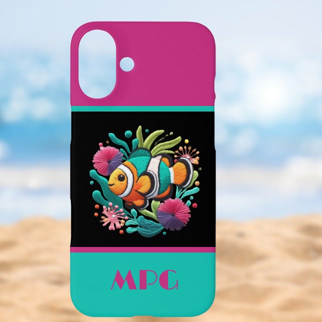 Tropical Fish - Faux Embroidery Blue Pink Monogram Case-Mate iPhone Case (Creator Uploaded)