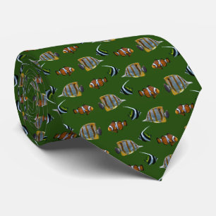 Tropical Fish Frenzy Tie Double Sided (Dark Green)