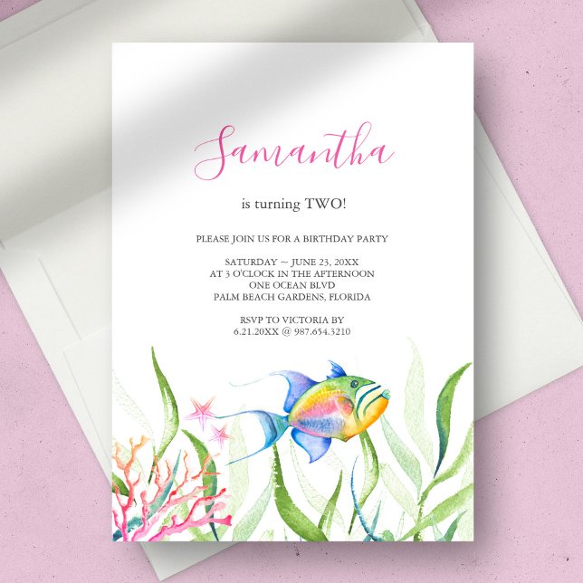 Tropical Fish Girl Birthday Party Watercolor Invitation (birthday party invitation girl tropical fish watercolor )