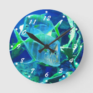 Tropical Fish in Blue Round Clock