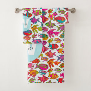 Tropical Fish Monogrammed Name Bath Towel Set