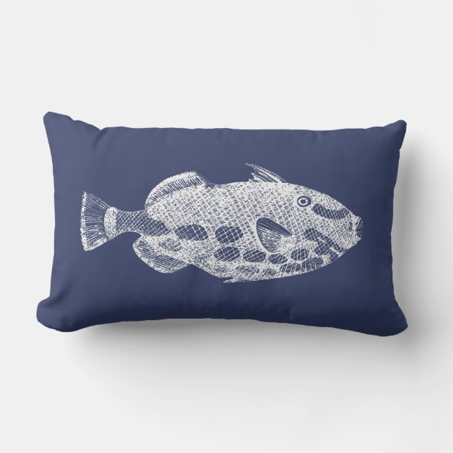 Tropical Fish Navy Blue White Outdoor  Lumbar Pill Cushion (Front)