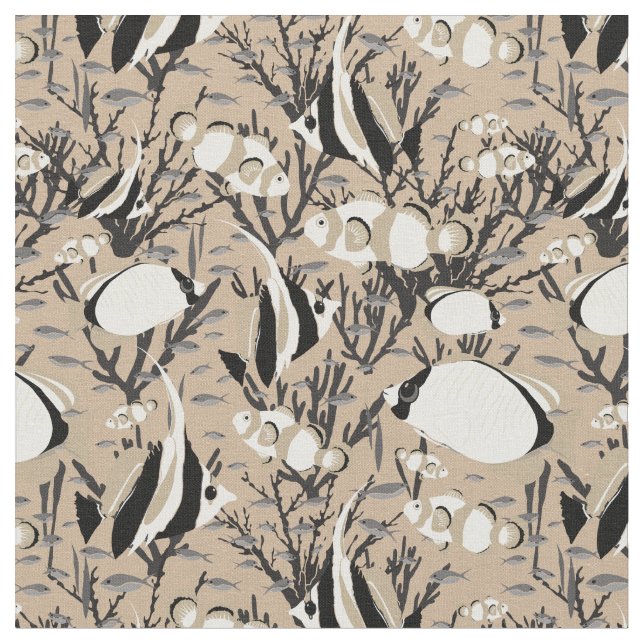 Tropical Fish Pattern on Taupe Fabric (Close Up)