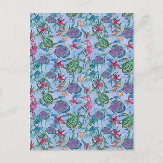 Tropical Fish Seahorse Turtle Ocean Art Postcard (Front)