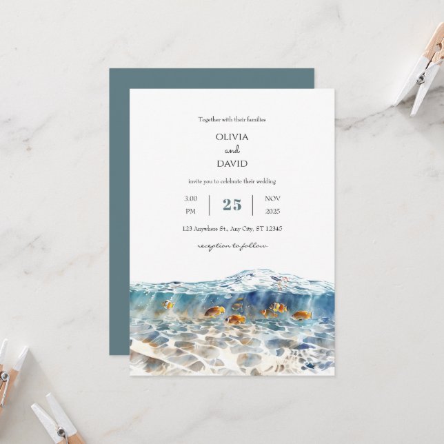 Tropical Fish Shimmering Sandy  Beach Wedding  Invitation (Front/Back In Situ)