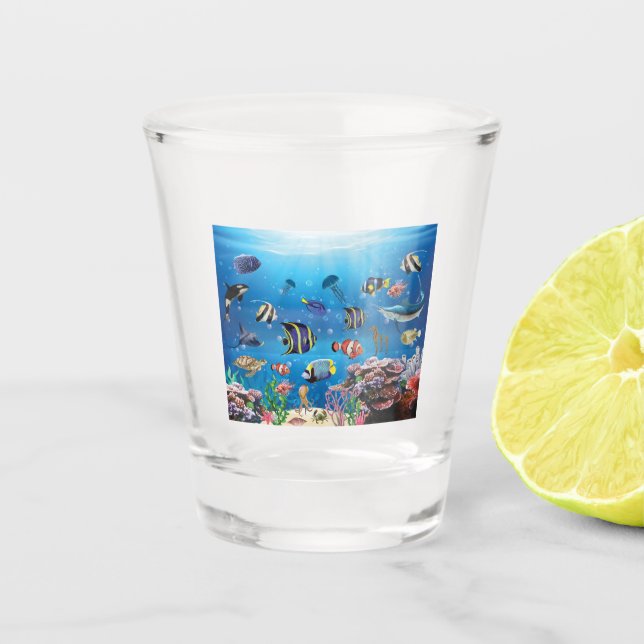 Tropical Fish swimming Seabed Shot Glass (Front)