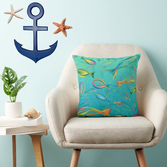 Tropical Fish Underwater Teal Modern Illustration Cushion (Creator Uploaded)