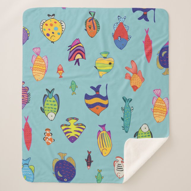 Tropical fish, vintage line pattern sherpa blanket (Front)