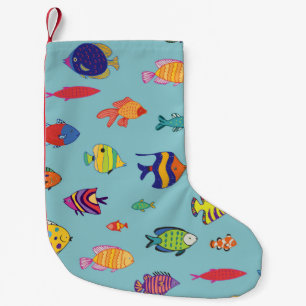 Tropical fish, vintage line pattern small christmas stocking