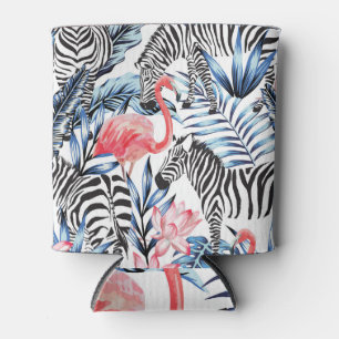 Tropical Flair: Flamingo Zebra Paradise Can Cooler