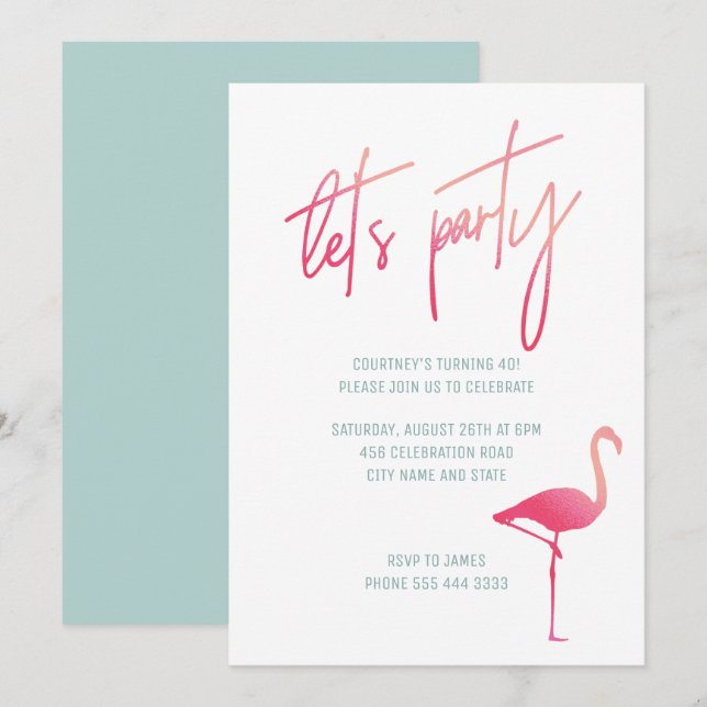 Tropical flamingo 40th birthday pink & mint invite (Front/Back)