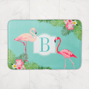 Tropical Flamingo and Hibiscus Flowers Monogram Bath Mat