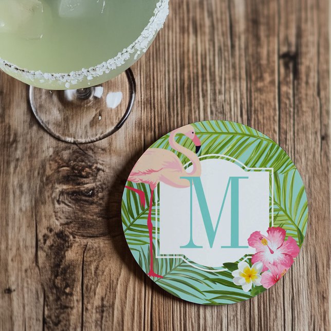 Tropical Flamingo and Hibiscus Flowers Monogram Coaster (Creator Uploaded)