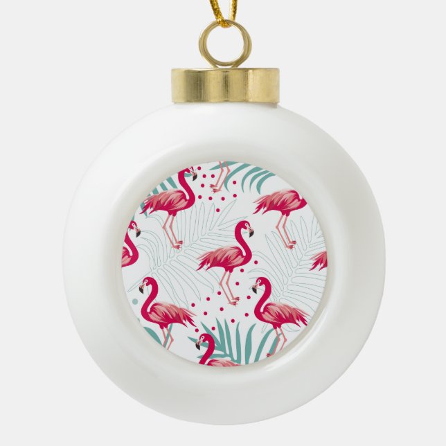 Tropical flamingo and leaves, summer pattern. ceramic ball christmas ornament (Front)