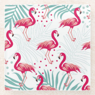 Tropical flamingo and leaves, summer pattern. glass coaster