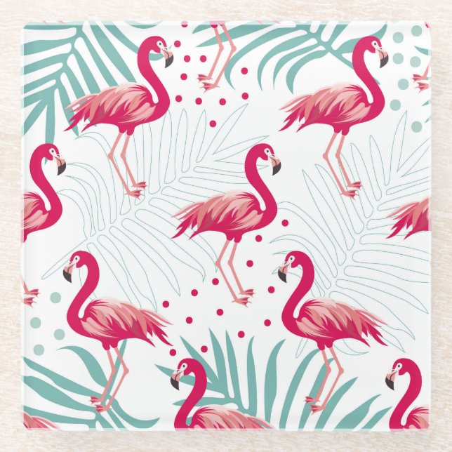 Tropical flamingo and leaves, summer pattern. glass coaster (Front)