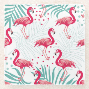 Tropical flamingo and leaves, summer pattern. glass coaster
