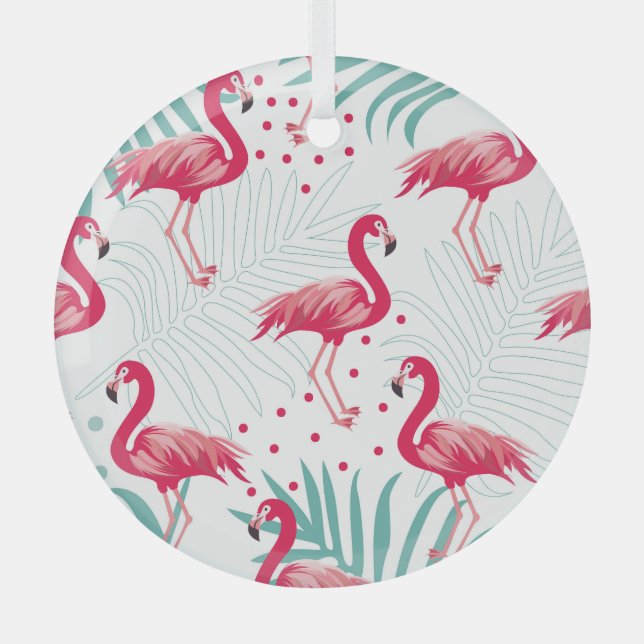 Tropical flamingo and leaves, summer pattern. glass tree decoration (Front)