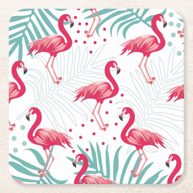 Tropical flamingo and leaves, summer pattern. square paper coaster (Front)