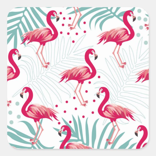 Tropical flamingo and leaves, summer pattern. square sticker (Front)