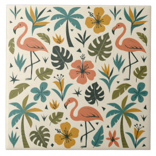 Tropical Flamingo and Palm Tree Pattern Ceramic Tile