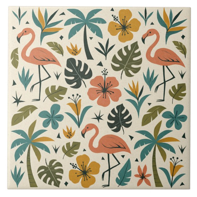 Tropical Flamingo and Palm Tree Pattern Ceramic Tile (Front)