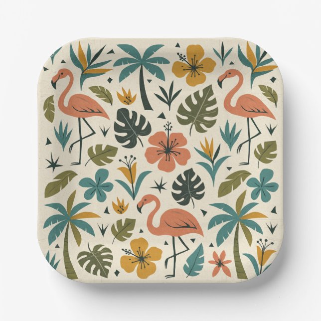 Tropical Flamingo and Palm Tree Pattern Paper Plate (Front)
