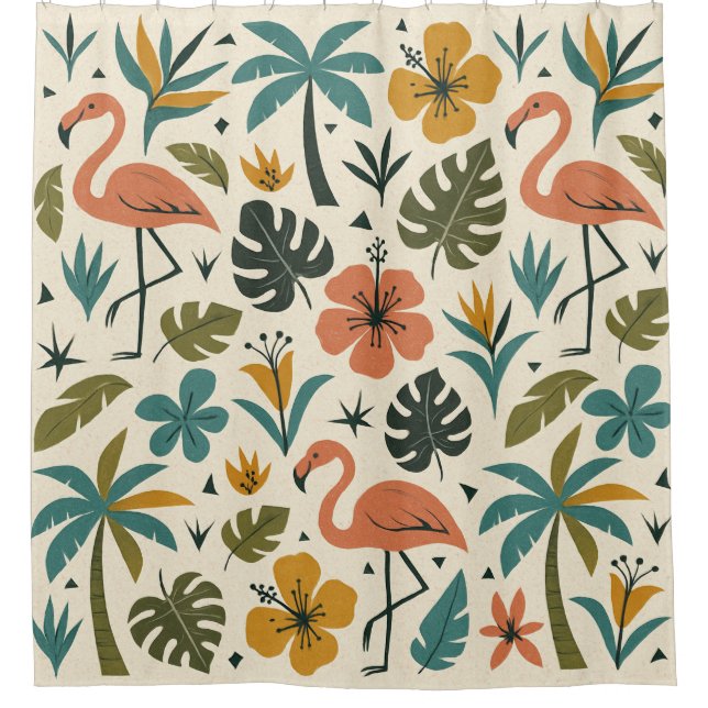 Tropical Flamingo and Palm Tree Pattern Shower Curtain (Front)