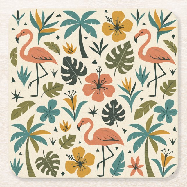 Tropical Flamingo and Palm Tree Pattern Square Paper Coaster (Front)