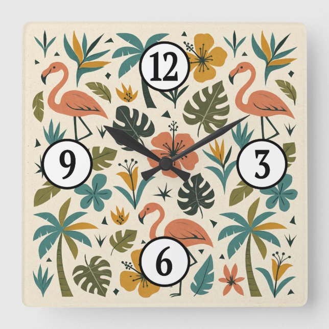 Tropical Flamingo and Palm Tree Pattern Square Wall Clock (Front)