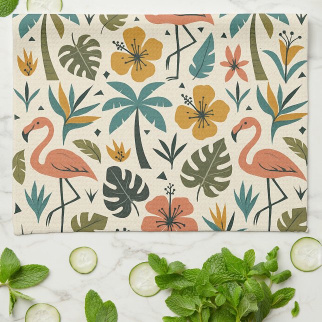 Tropical Flamingo and Palm Tree Pattern Tea Towel (Folded)